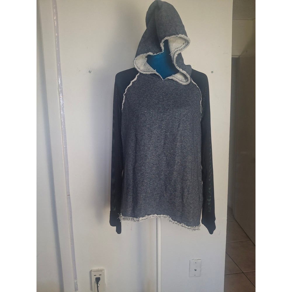 Elie Tahari Sport Womens Small Blue French Terry Mesh Sleeve Raw Hem Hoodie